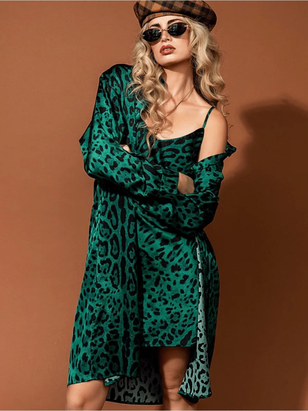 Dressed in LALA Green Leopard Satin Mini Slip Dress and Button Down